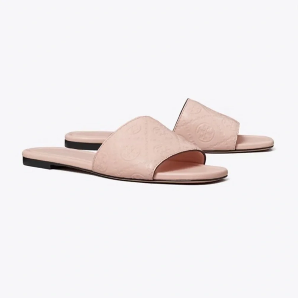 Tory Burch Sandals T Monogram Slides in Blush Pink Leather